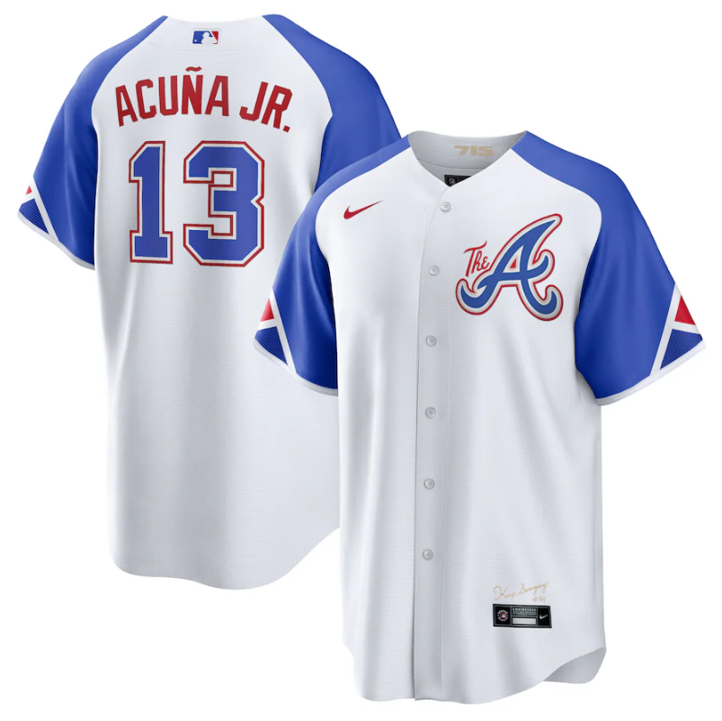 Men's Atlanta Braves #13 Ronald Acuña Jr. White 2023 City Connect Cool Base Stitched Baseball Jersey